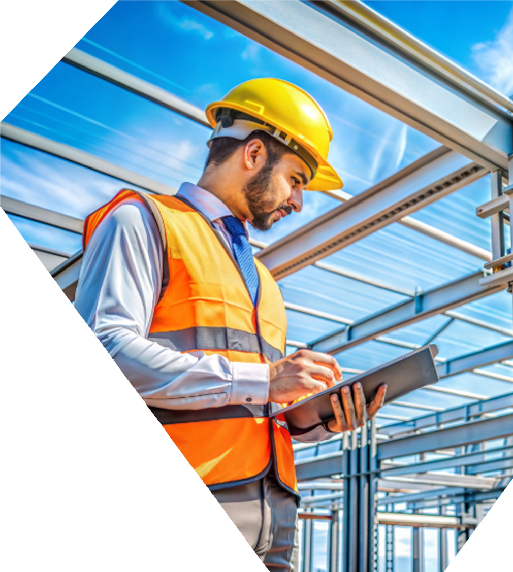 Worker in constructed steel building